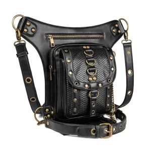 Women's Diagonal Waist Bag With Leather Straps / Punk Zipper Pockets Shoulder Bags