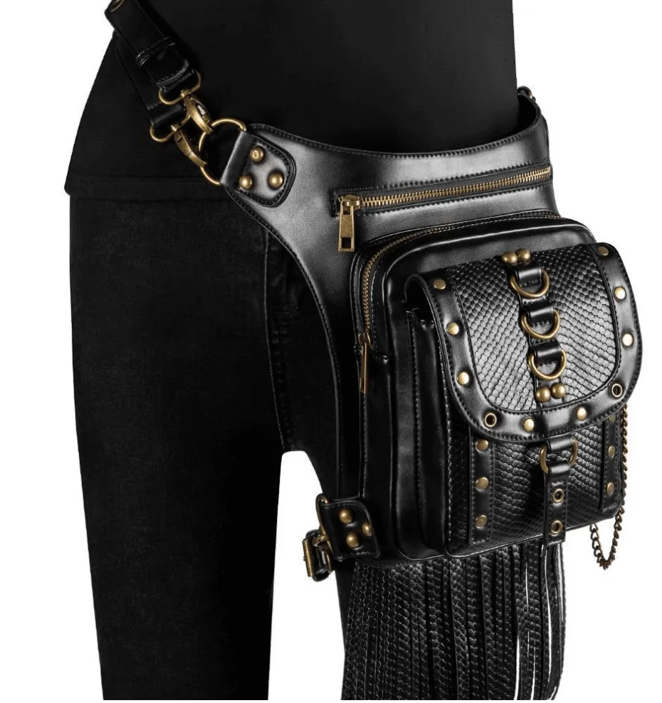 Women's Diagonal Waist Bag With Leather Straps / Punk Zipper Pockets Shoulder Bags