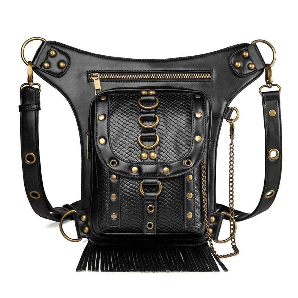 Women's Diagonal Waist Bag With Leather Straps / Punk Zipper Pockets Shoulder Bags