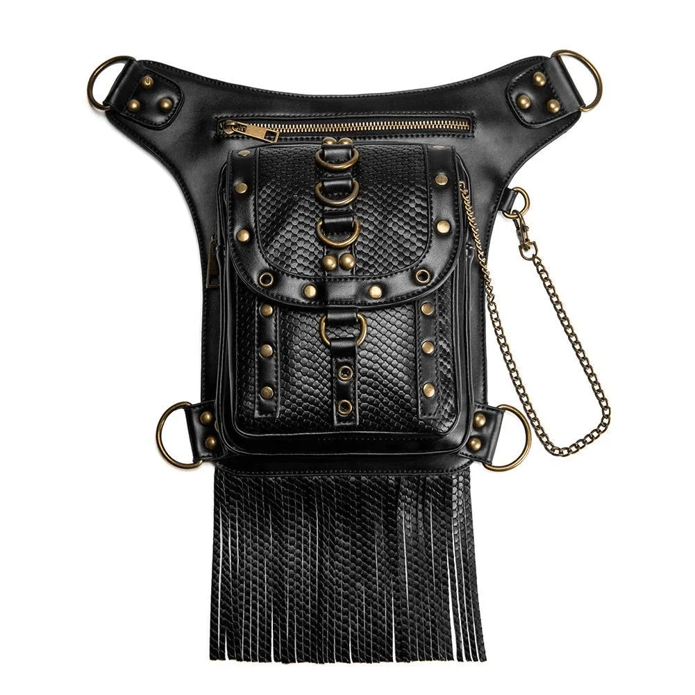 Women's Diagonal Waist Bag With Leather Straps / Punk Zipper Pockets Shoulder Bags