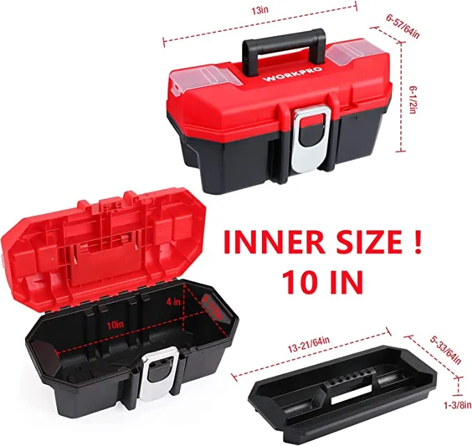 WORKPRO - #‎UW083055AE - 13" Tool Box Portable 10" Min Inner with Removable Tray Heavy Duty Toolbox with Metal Latch