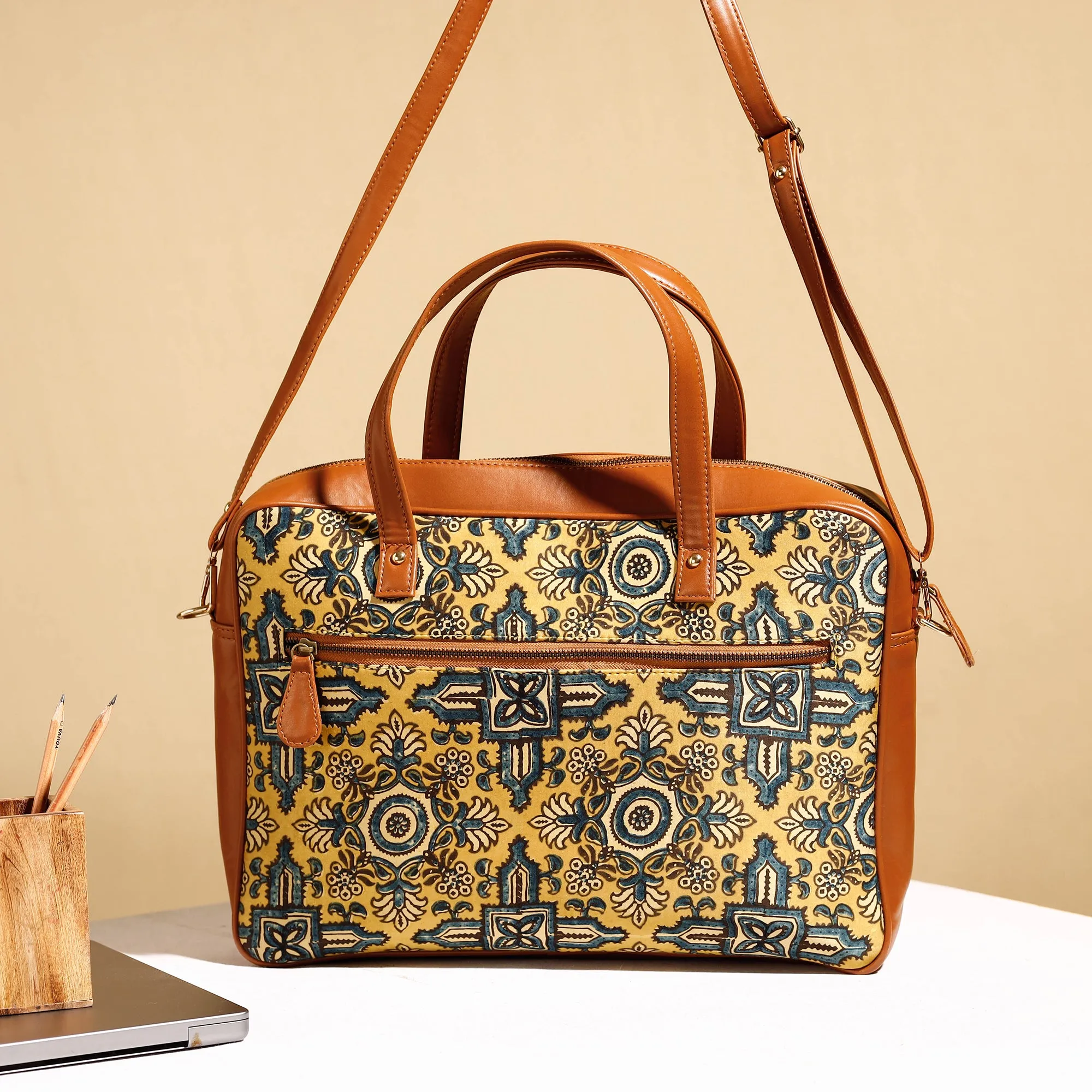 Yellow - Handcrafted Ajrakh Block Printed Modal Silk Laptop Bag (15 x 13 in)